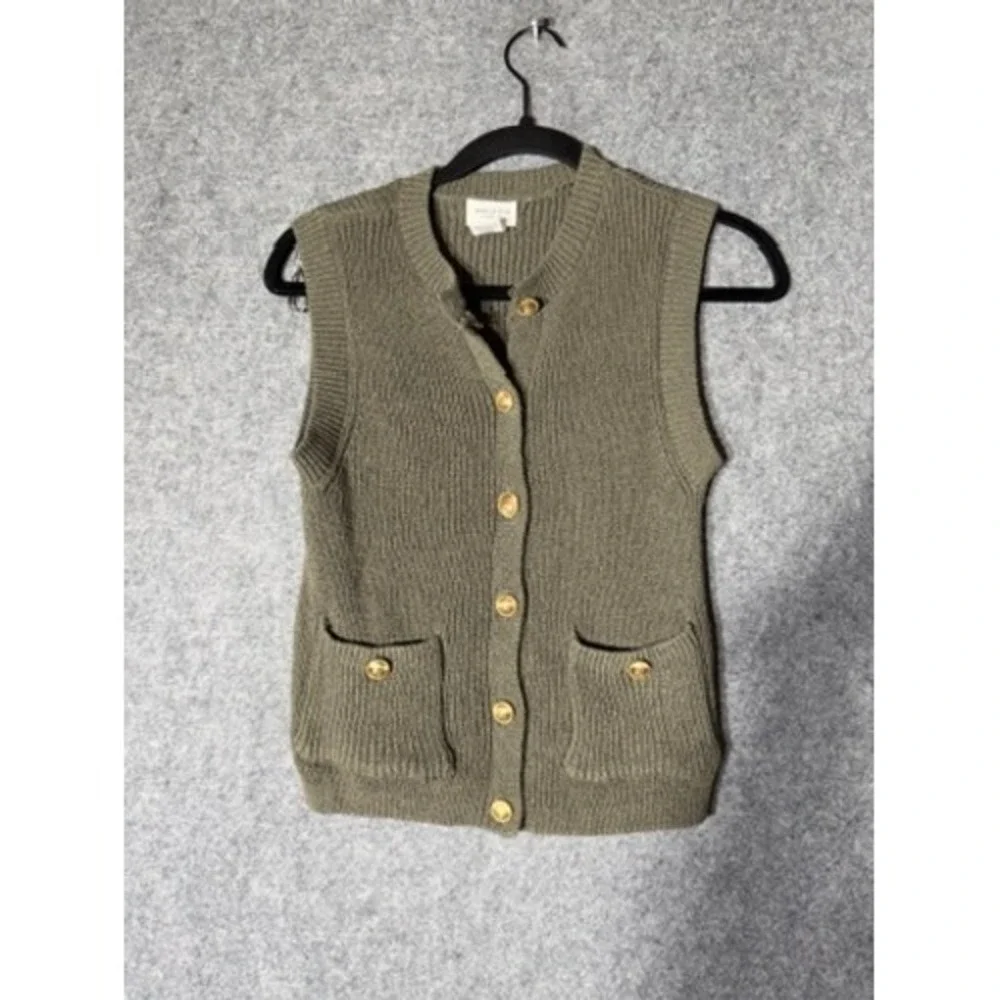 Song of Style Olive Green Knit Vest Gold Button Front Cardigan Sleeveless XS
